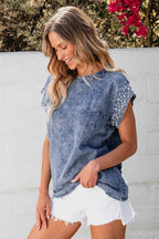 Denim Top - Dusk Blue Acid Wash Pearl Embellishments - Fashionfitz