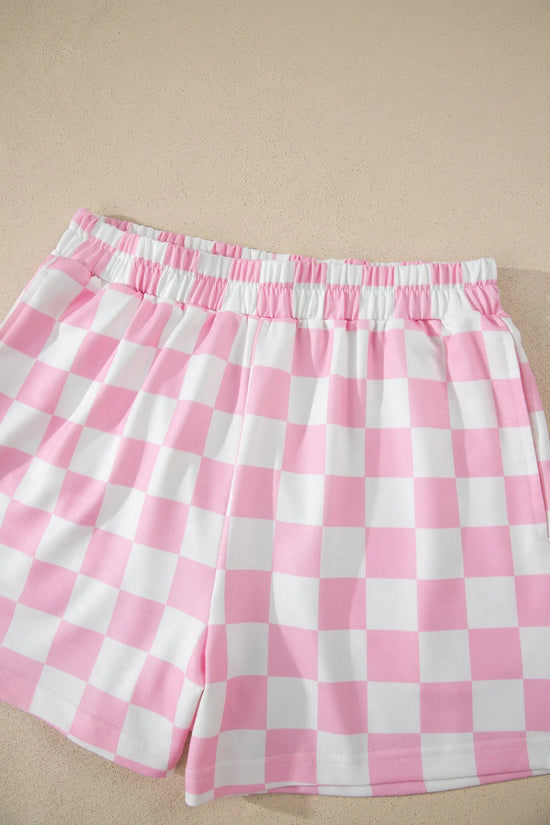 Checkered colour block trim mock neck short set outfit sets