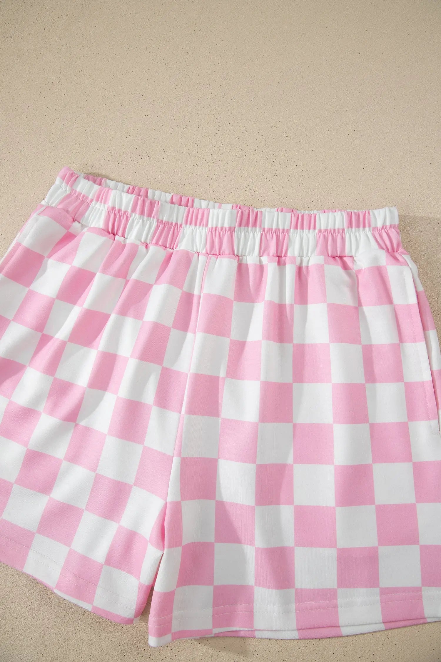 Checkered colour block trim mock neck short set outfit sets