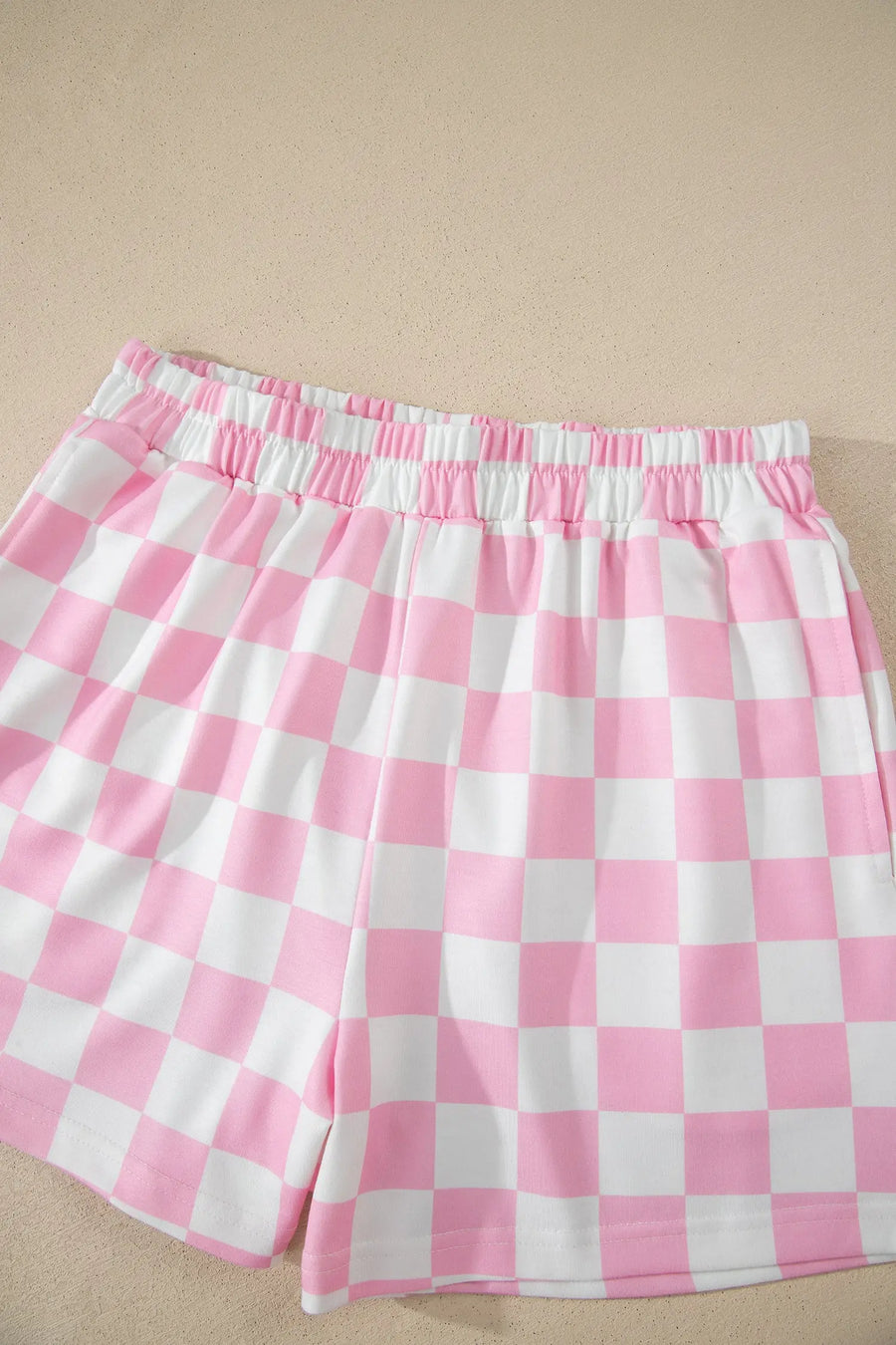 Checkered colour block trim mock neck short set outfit sets