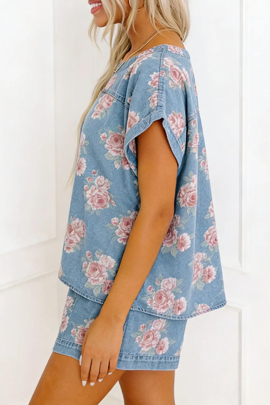 Floral Denim Short Sleeve Top and Shorts Set Women UK — back view | Fashionfitz UK