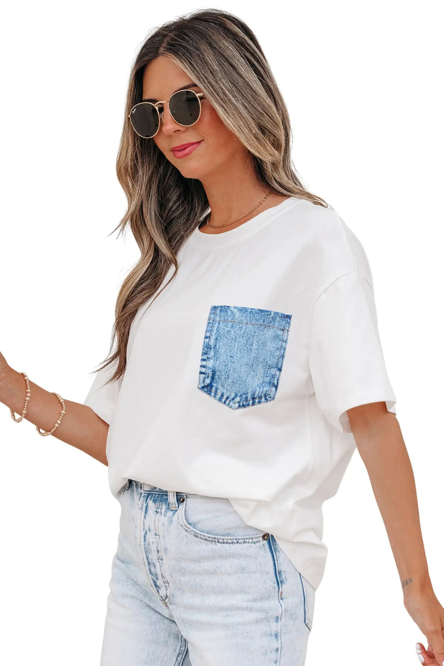 Colour block patch pocket short sleeve top round neck tunic relaxed fit tunics