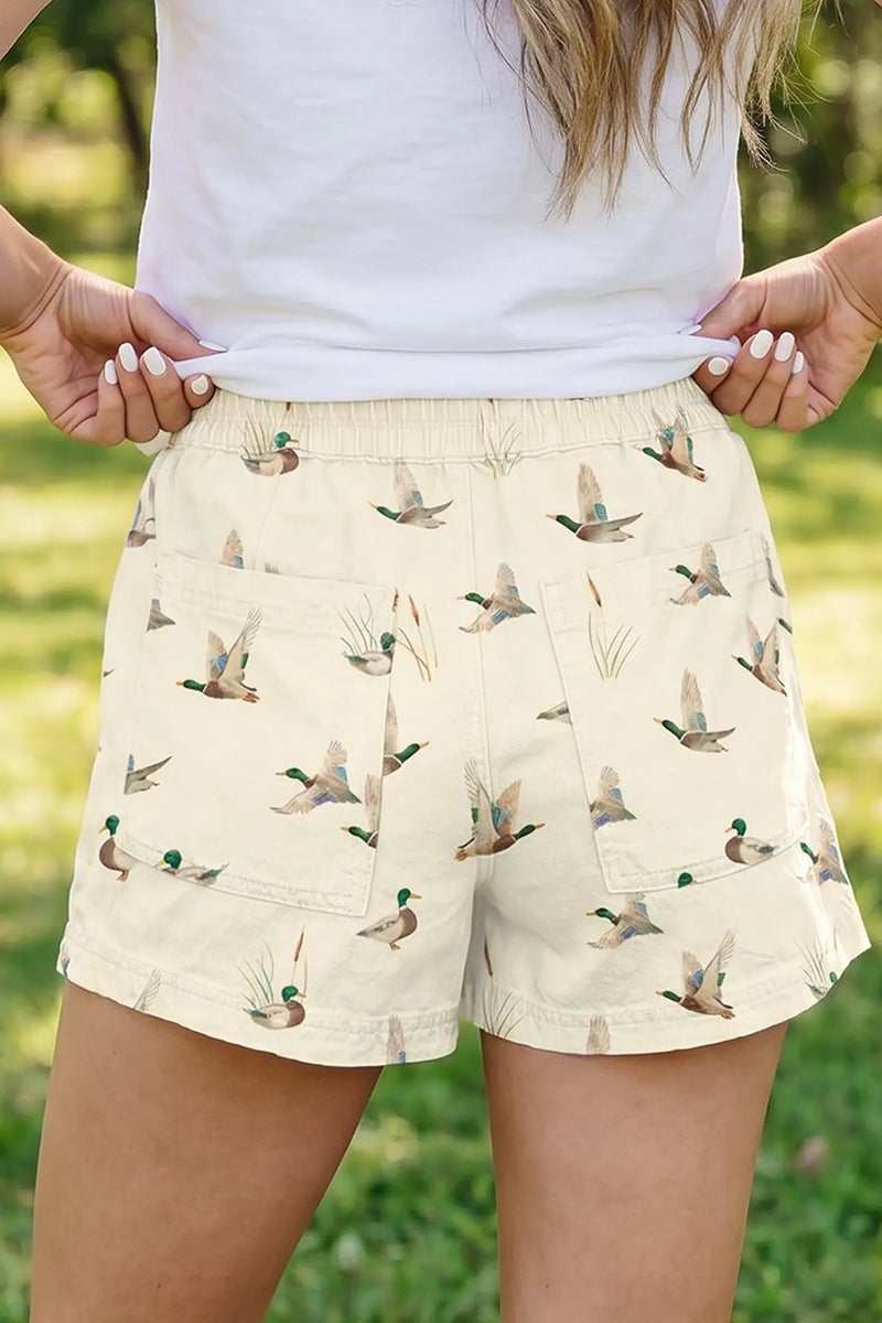 Women's duck print denim shorts back view drawstring casual