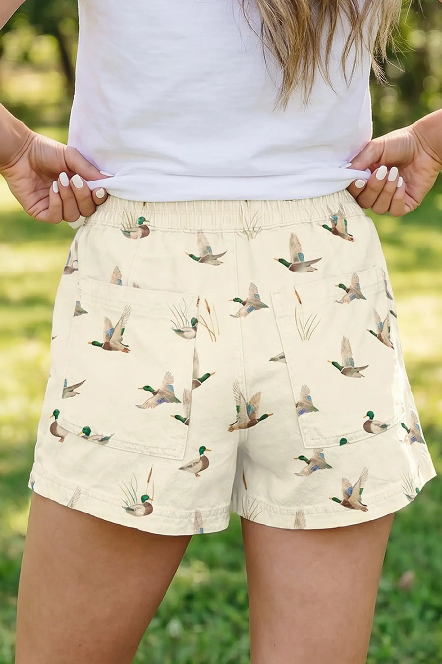 Women's duck print denim shorts back view drawstring casual