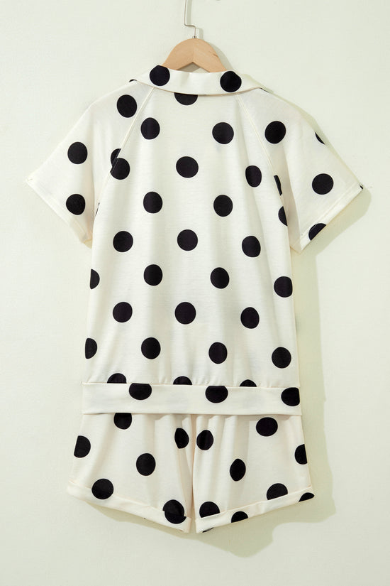 Polka Dot V Neck Short Sleeve Tee High Waist Drawstring Shorts Set
