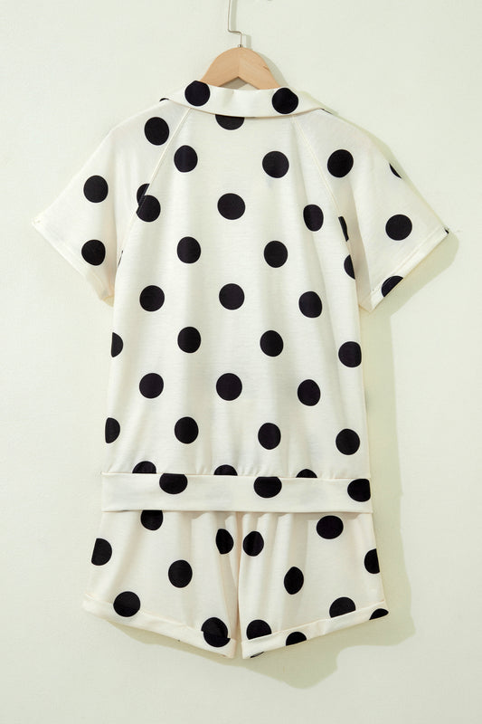 Polka Dot V Neck Short Sleeve Tee High Waist Drawstring Shorts Set
