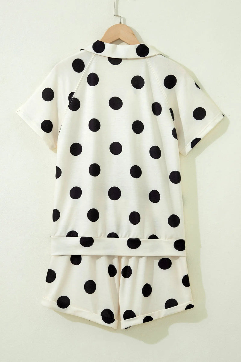 Polka Dot V Neck Short Sleeve Tee High Waist Drawstring Shorts Set — side view | Fashionfitz UK