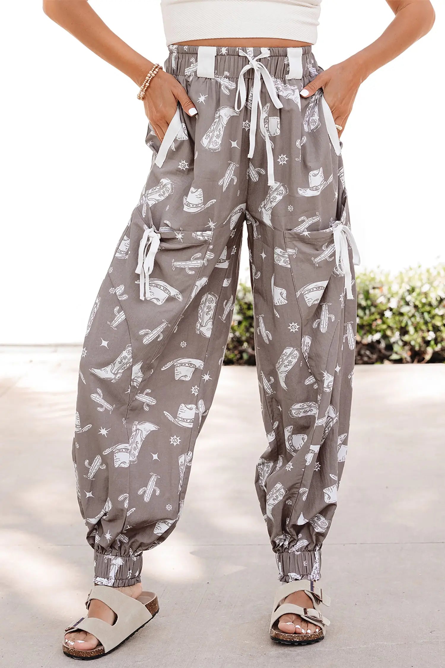 Western print vintage drawstring elastic hem jogger trousers with pockets joggers