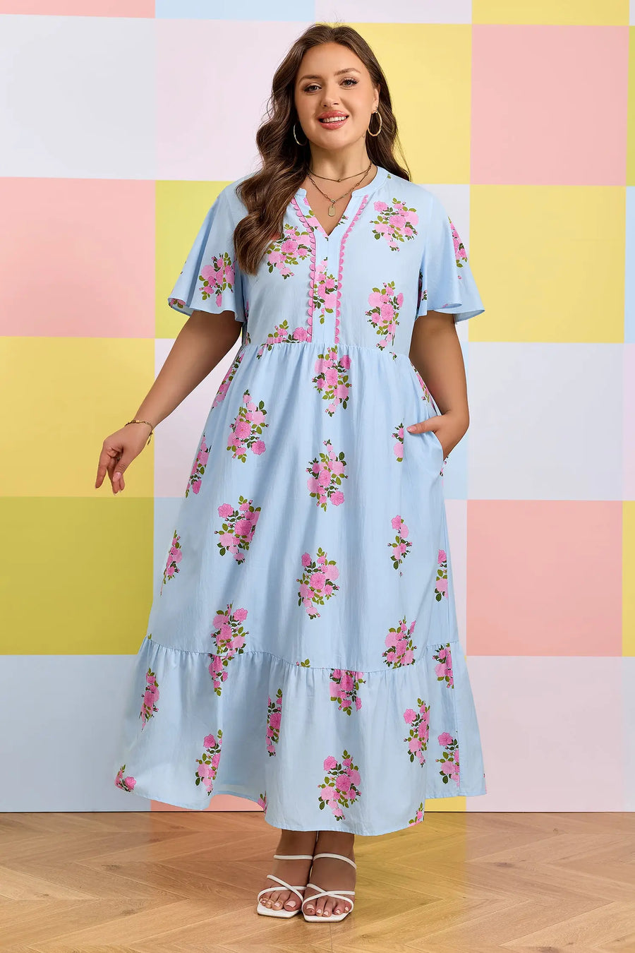 Sky Blue Plus Size Floral Scalloped V-Neck Dress Women UK — side view