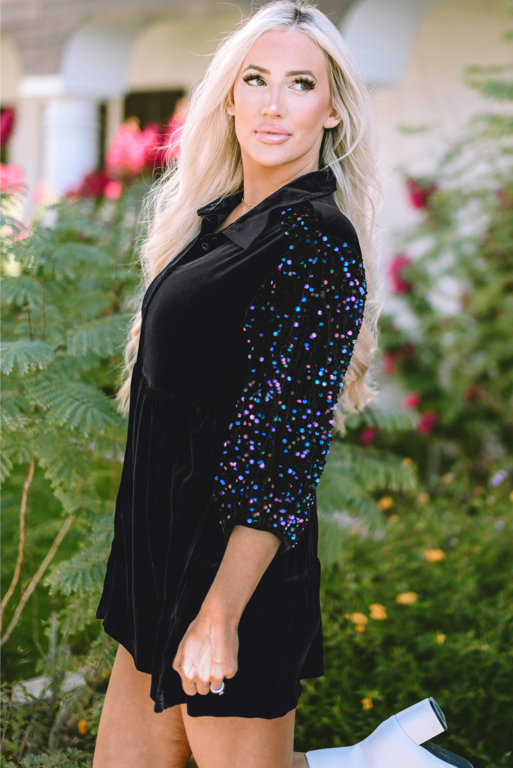 Black Sequin Puff Sleeve Velvet Peplum Shirt