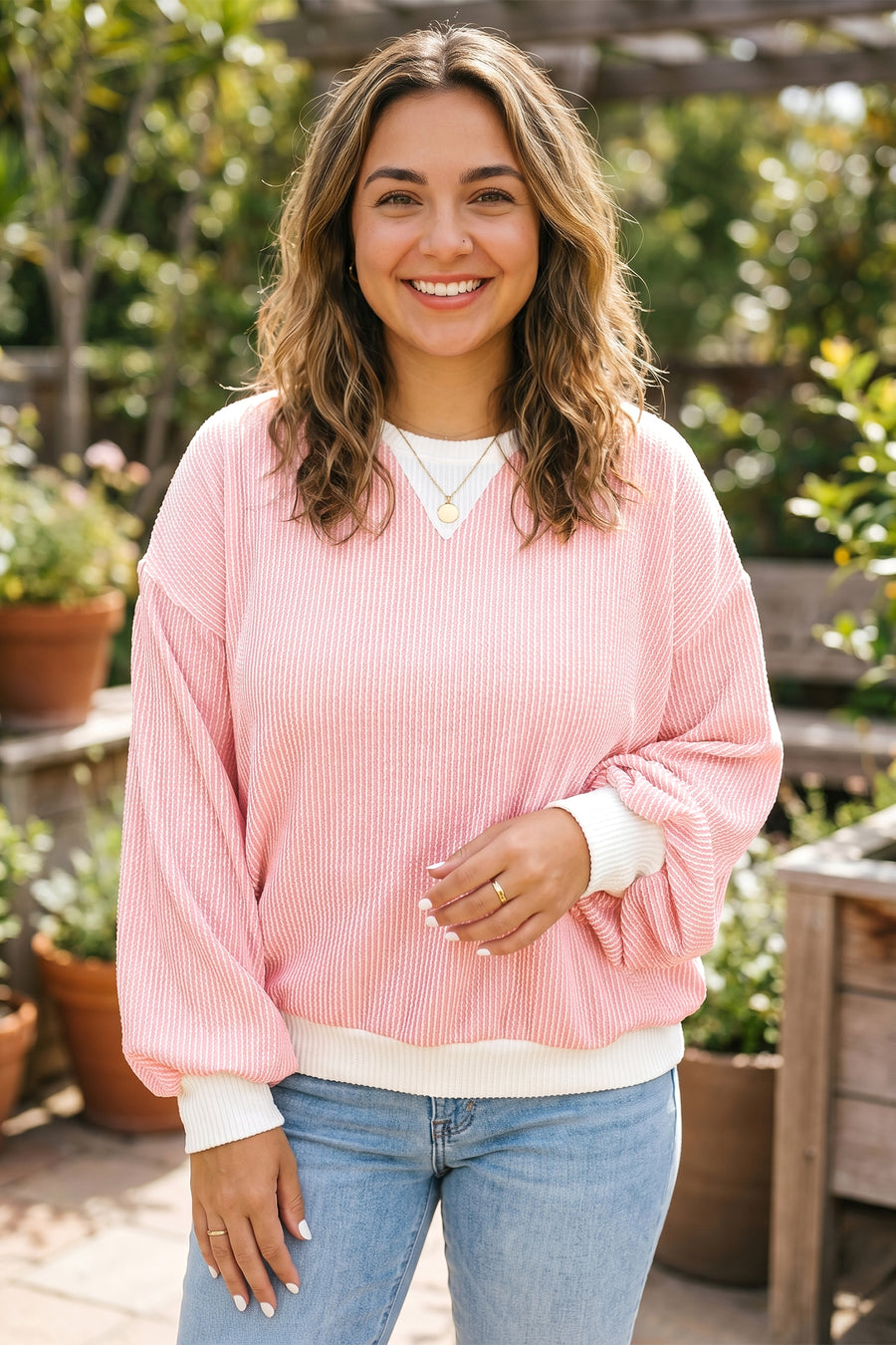 Plus Size Ribbed Knit Colorblock Long Sleeve Blouse Women UK