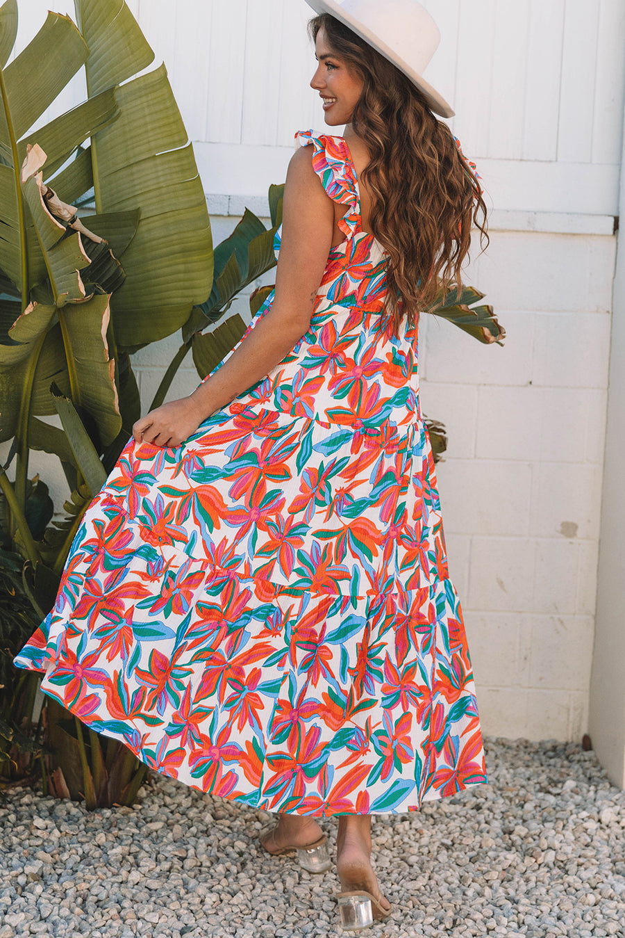 Red Boho Floral Ruffled Strap V Neck Maxi Dress Women UK