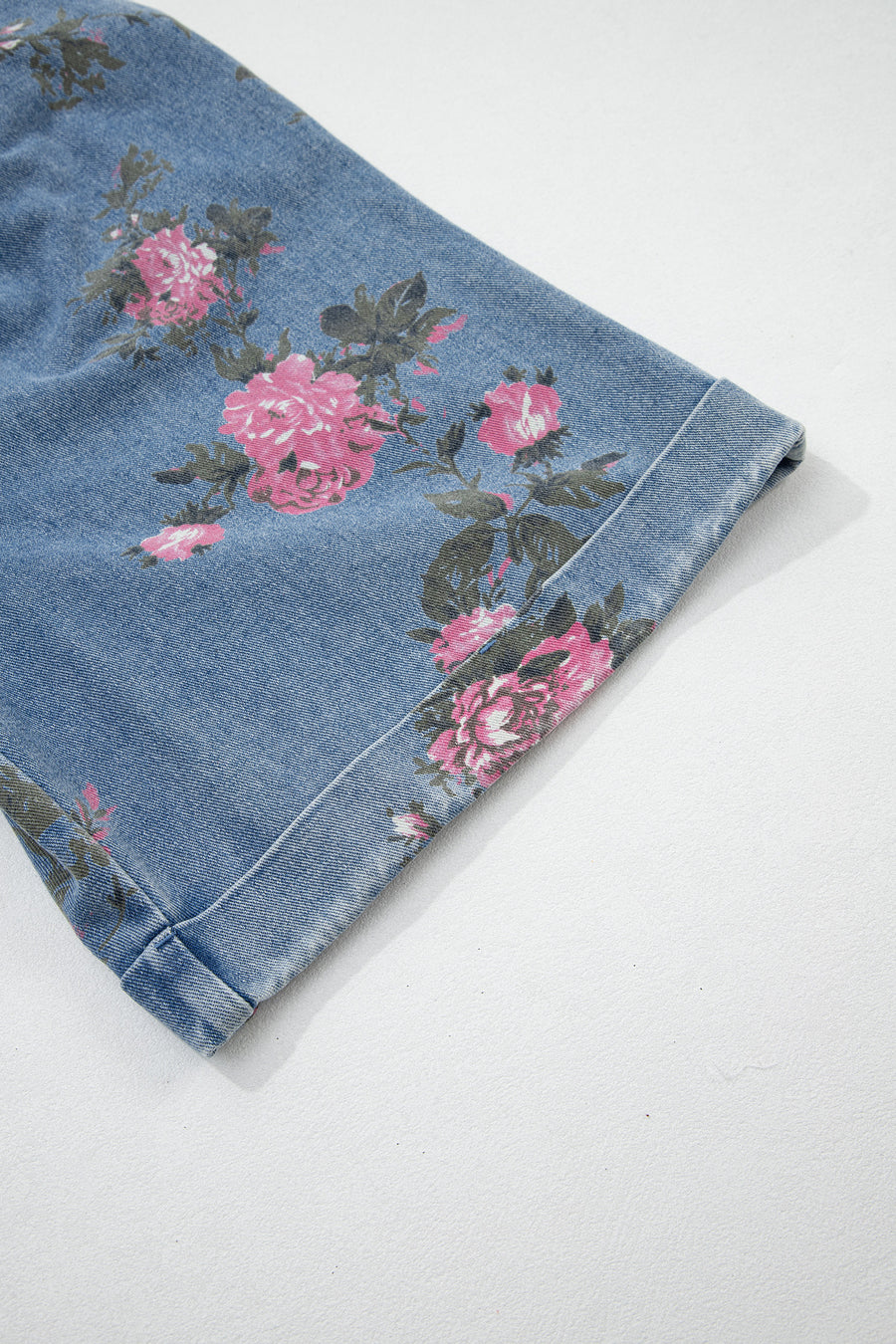 Floral Print Denim Shortalls Adjustable Straps Pockets Relaxed Fit