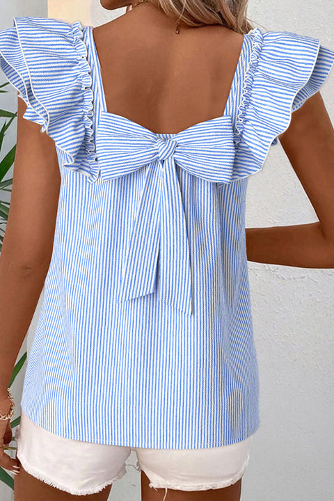 Sky Blue Striped Square Neck Ruffled Bow Blouse Women UK