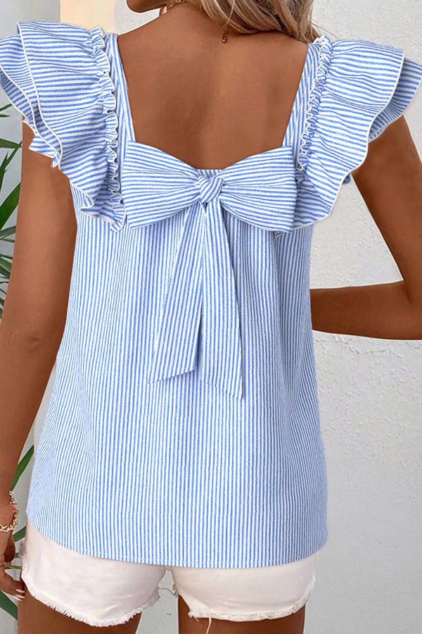 Sky Blue Striped Square Neck Ruffled Bow Blouse Women UK