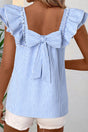 Sky Blue Striped Square Neck Ruffled Bow Blouse Women UK