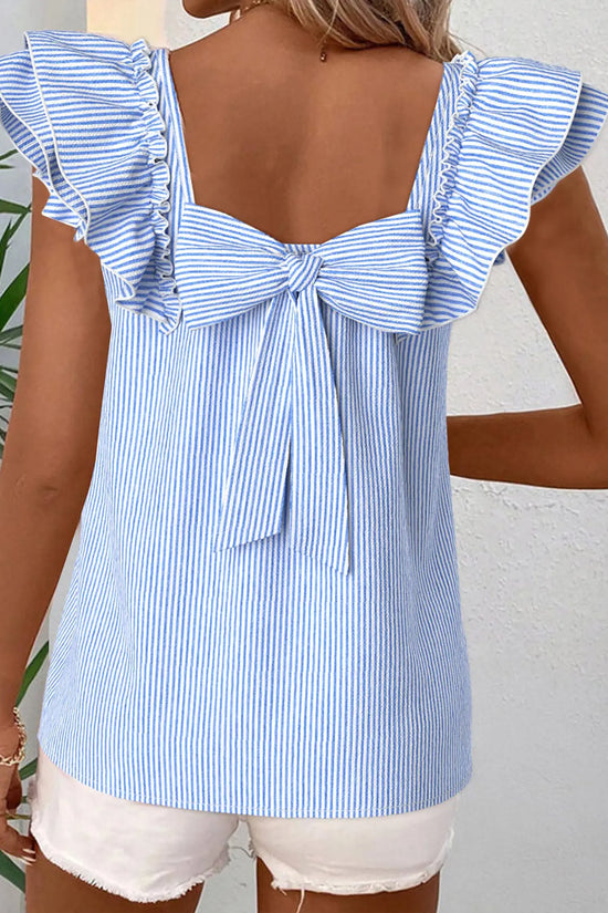 Sky blue striped square neck ruffled bow sleeve blouse