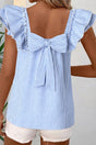 Sky Blue Striped Square Neck Ruffled Bow Blouse Women UK — front view showing sky blue stripe, square neck and ruffle sleeves — Fashionfitz