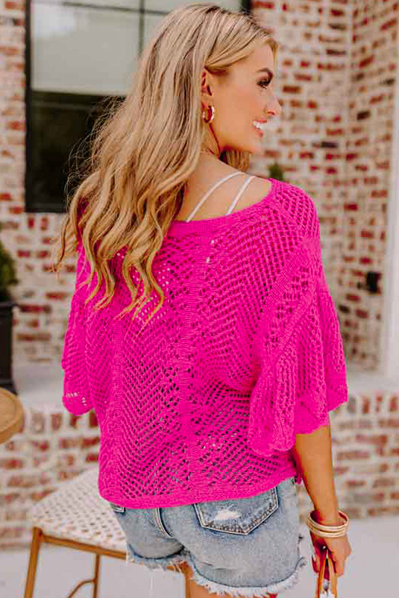 Back view of Pink Pointelle Scalloped Knit Top showing relaxed fit and scalloped hem detail — Fashionfitz