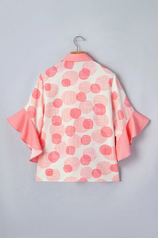 Polka dot ruffle sleeve babydoll shirt button front collar pink shirts