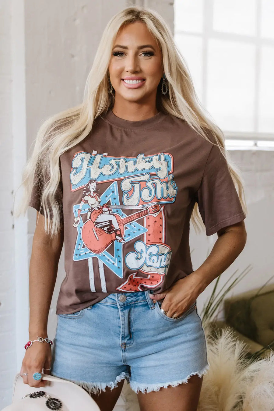 Chicory Honky Tonk Honey Graphic Crew Neck Western Tee Women UK