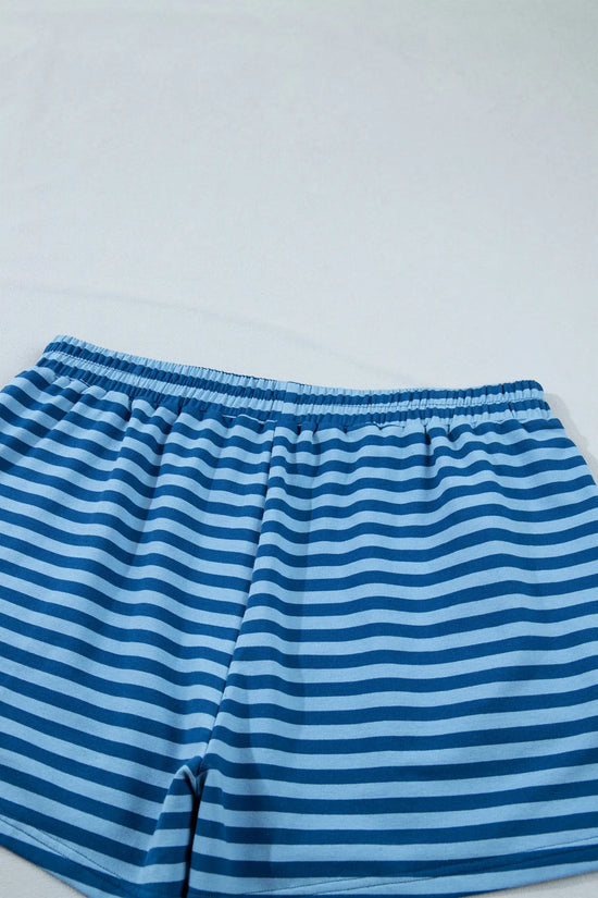 Blue stripe plus size dropped shoulder tee & shorts two-piece set outfit sets