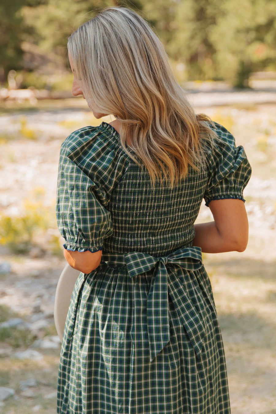 Plaid Square Neck Shirred High Waist Ruffle Hem Dress