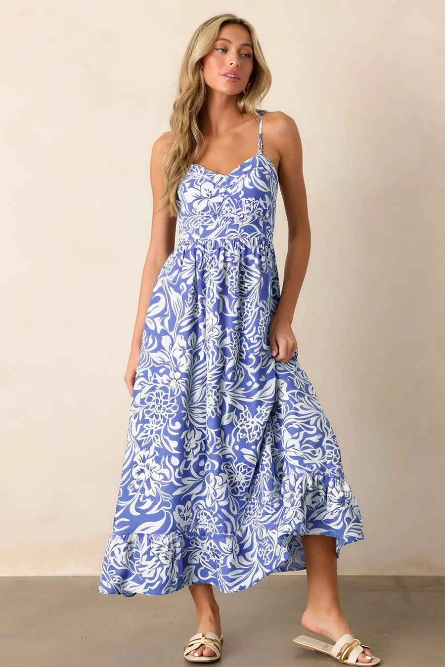 Sky Blue Floral Spaghetti Strap High Waist Maxi Dress Women UK