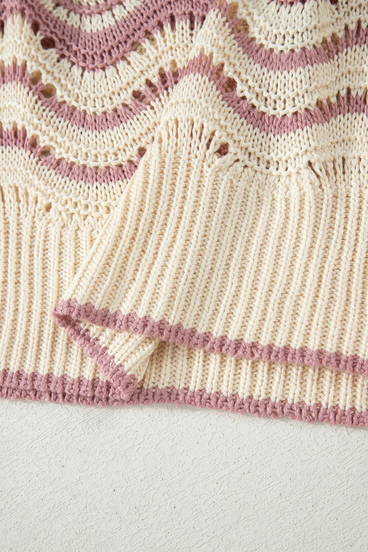 Wavy stripe crochet eyelet ruffle half sleeve knit sweater relaxed fit sweaters
