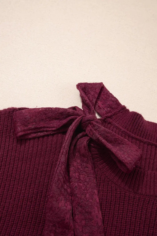 Burgundy lace bow sweater | asymmetric off shoulder jumper sweaters