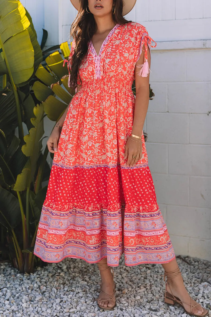 Red Floral Tasseled Tied Sleeve Empire Waist Maxi Dress Women UK