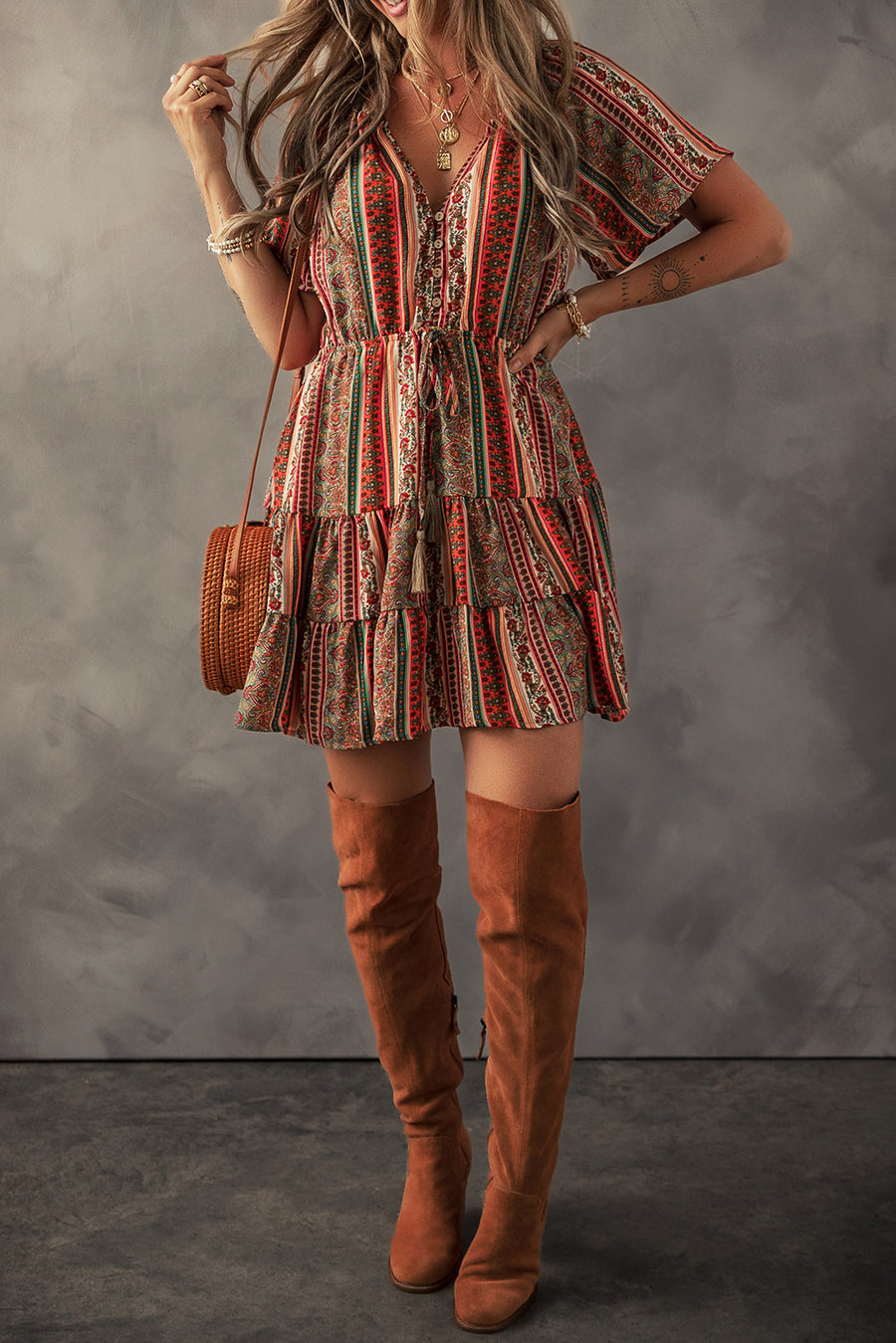 Red Bohemian Floral Print Buttoned V Neck Ruffle Tiered Dress Women UK