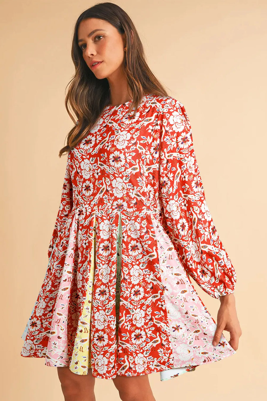 Red Floral Patchwork Long Sleeve Pleated Mini Dress Women UK