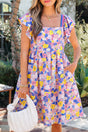 Multicolour Floral Print Flutter Sleeve Striped Trim Square Neck Loose Mini Dress