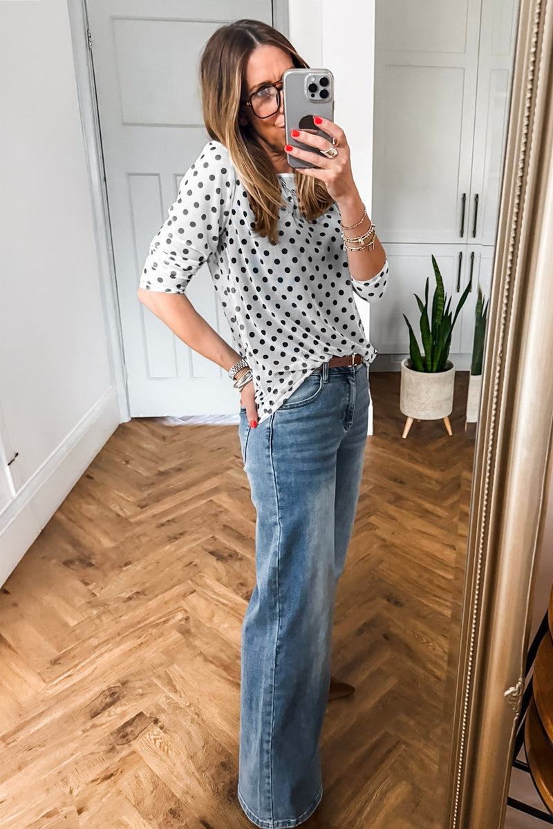 Polka Dot Sheer Mesh Long Sleeve Round Neck Top