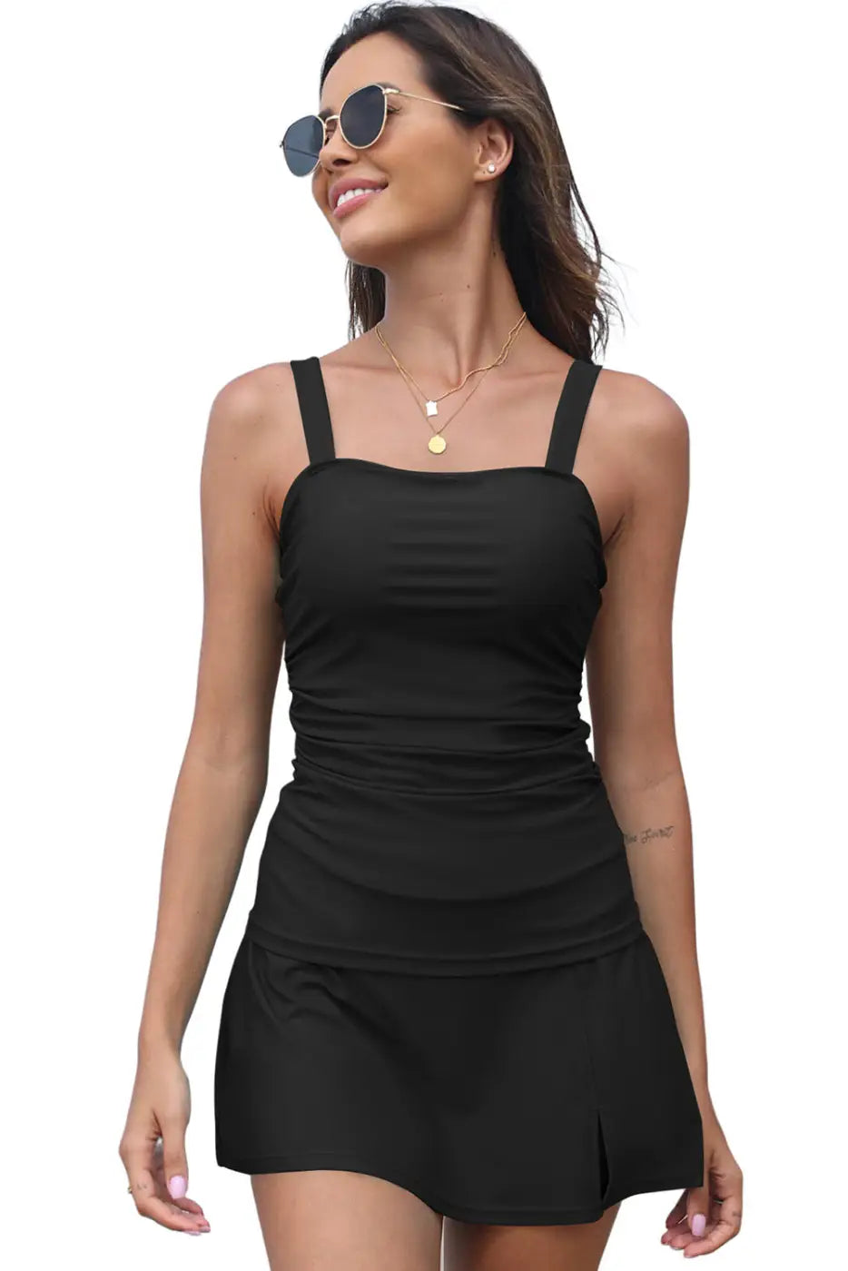 Black square neck sleeveless tankini swimsuit | fashionfitz