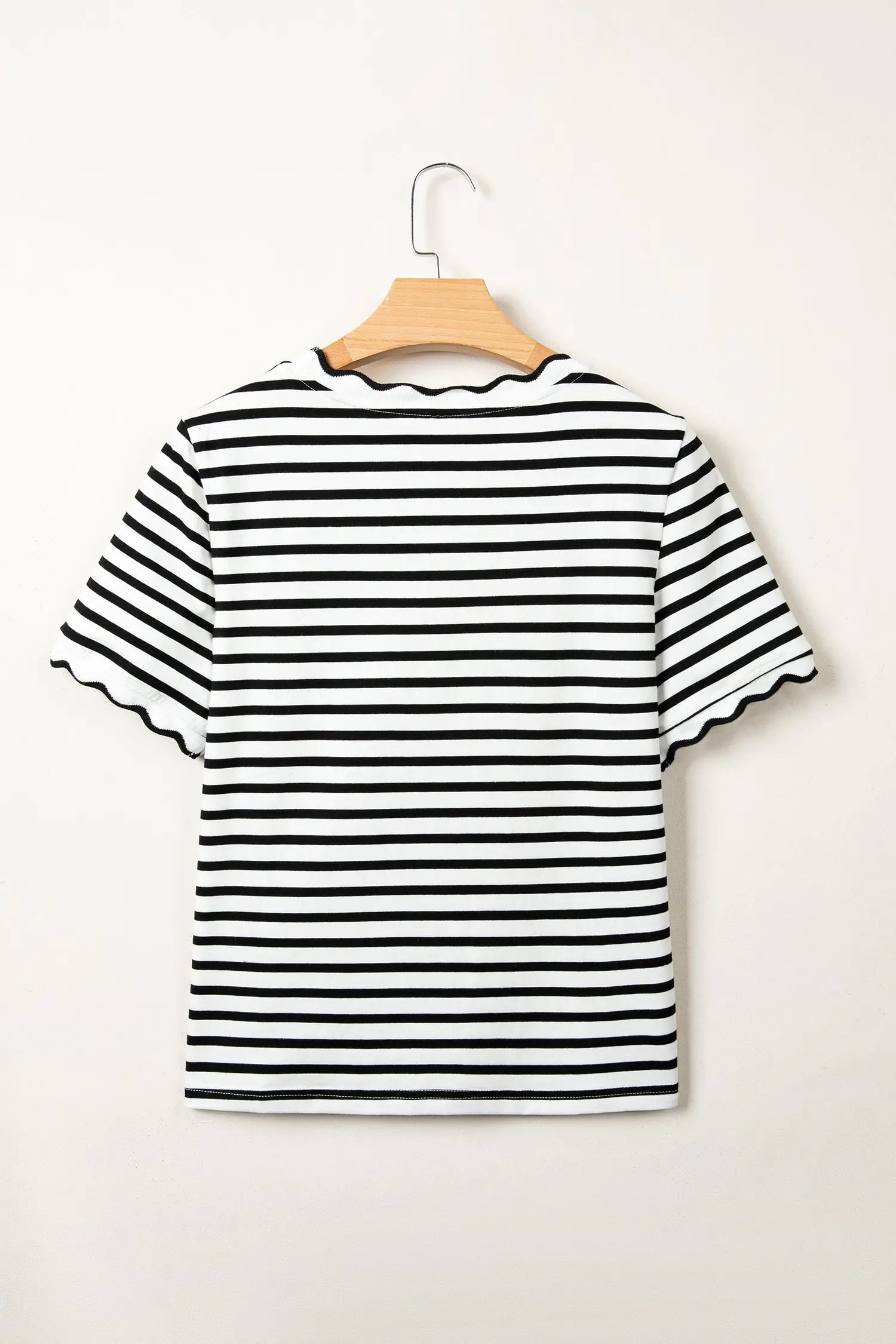 Scalloped trim stripe cotton t-shirt round neck short sleeve t-shirts