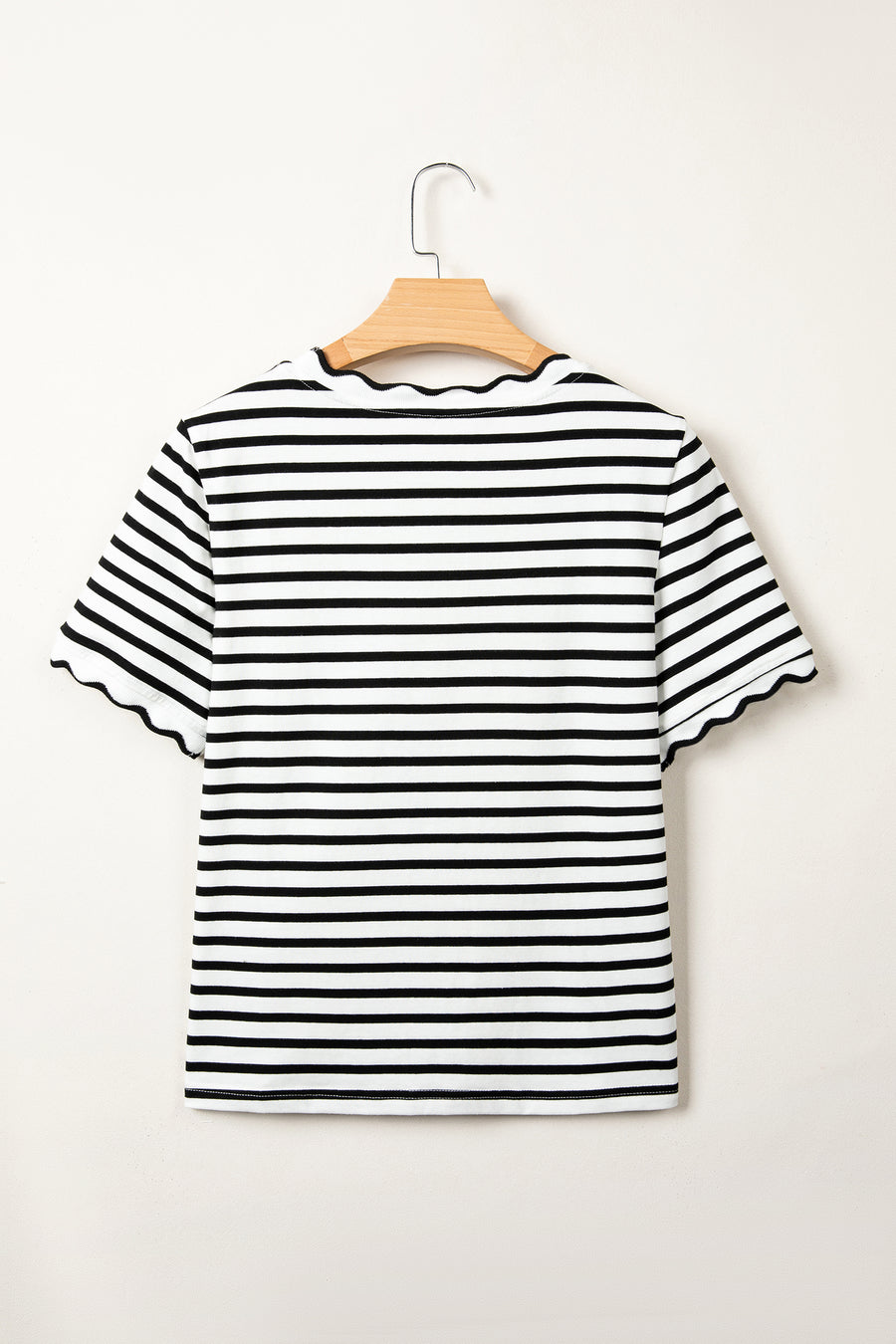 Scalloped Trim Stripe Cotton T-Shirt Round Neck Short Sleeve