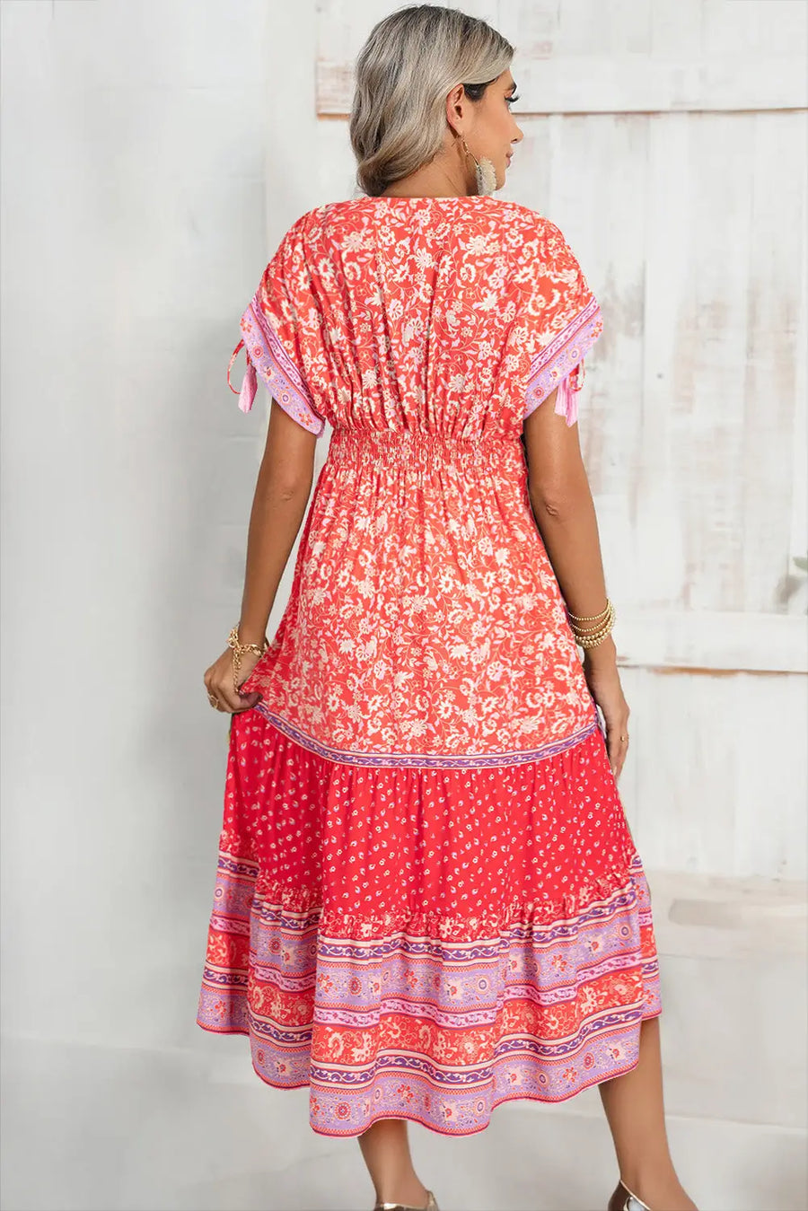 Red Floral Tasseled Tied Sleeve Empire Waist Maxi Dress Women UK