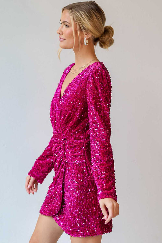 Side profile of Pink Velvet Sequin Night‑Out Dress with elegant draping and sparkle, designed for stylish night-out occasions.