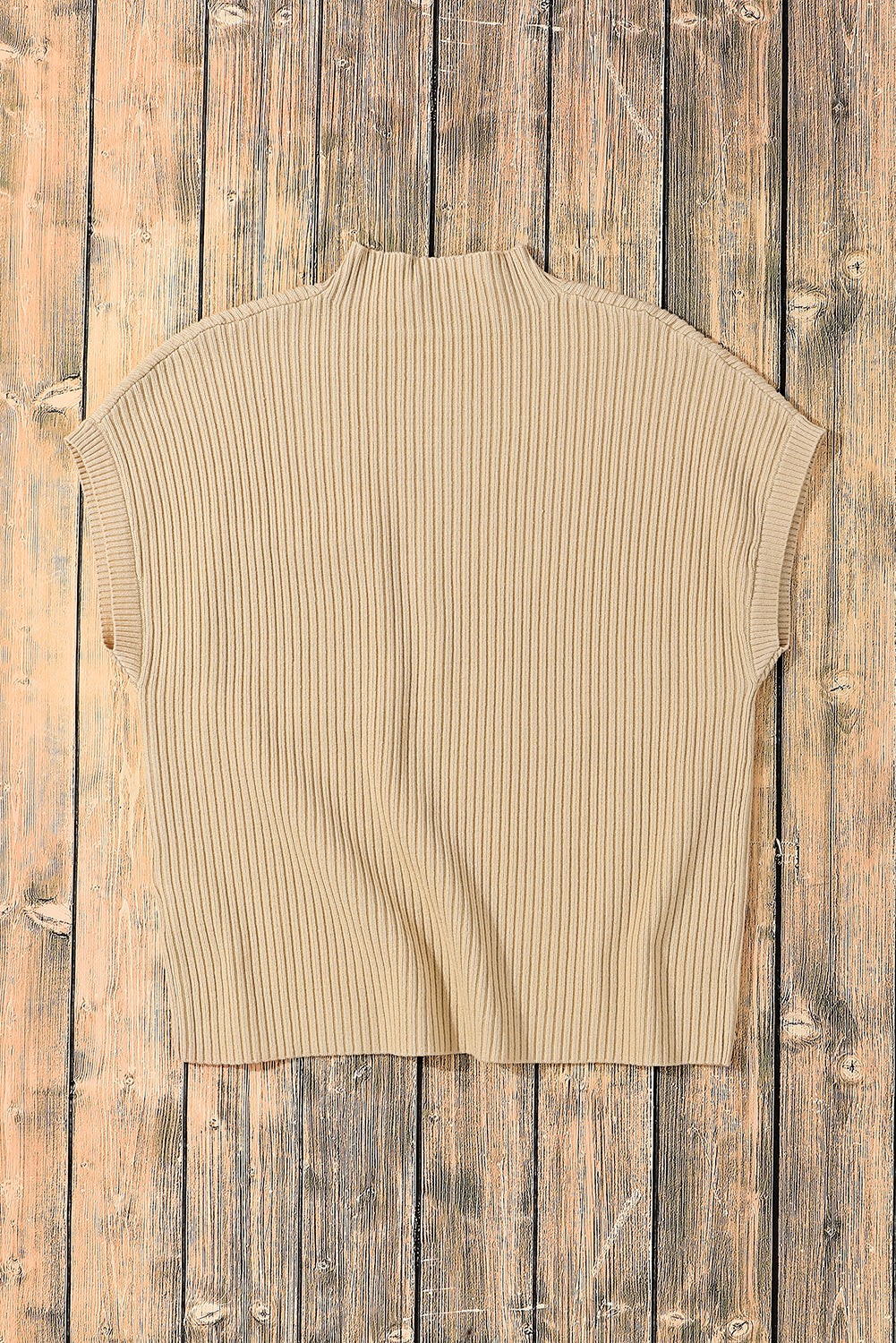 Ribbed Knit Short Sleeve Sweater - Patch Pocket