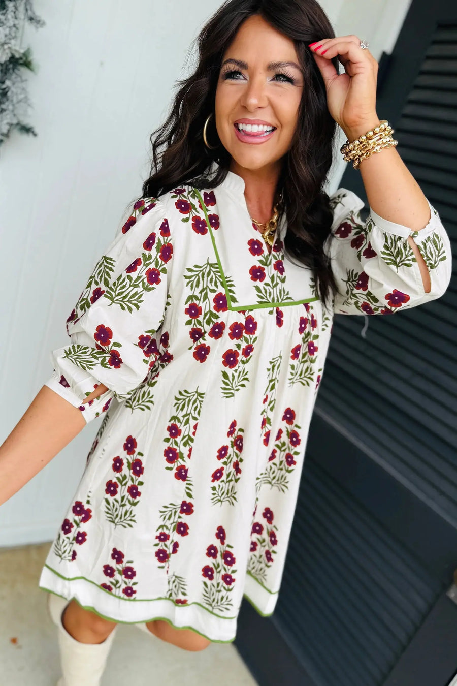 White Floral Frilled V Neck 3/4 Sleeve Loose Dress Women UK — model shot