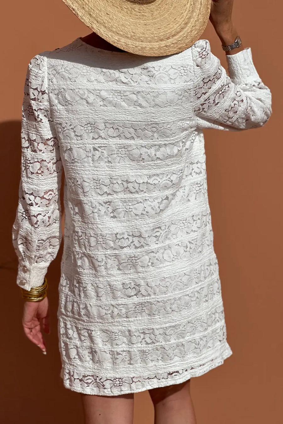 White lace crochet puff sleeve round neck shift dress