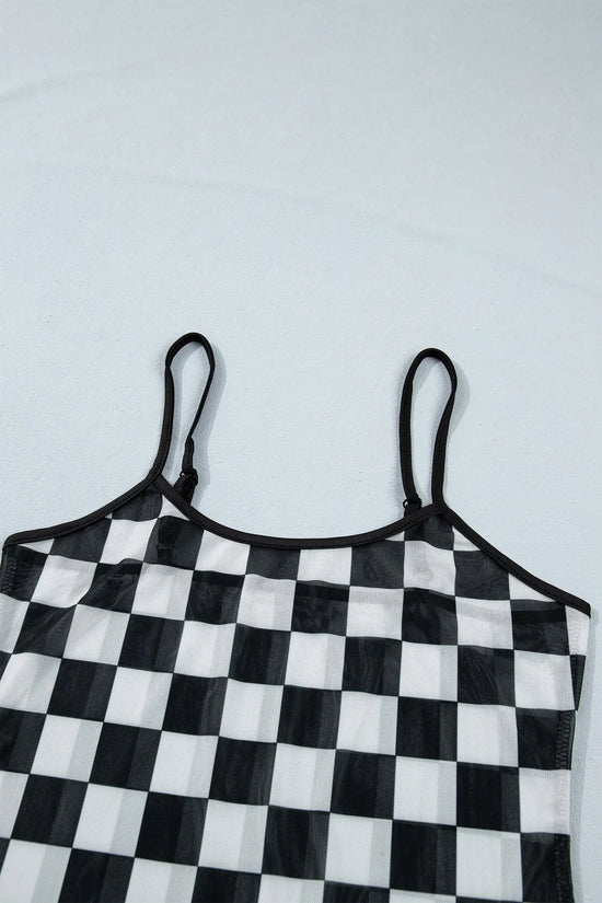 Sheer checkered print spaghetti strap slim crop tank top tops