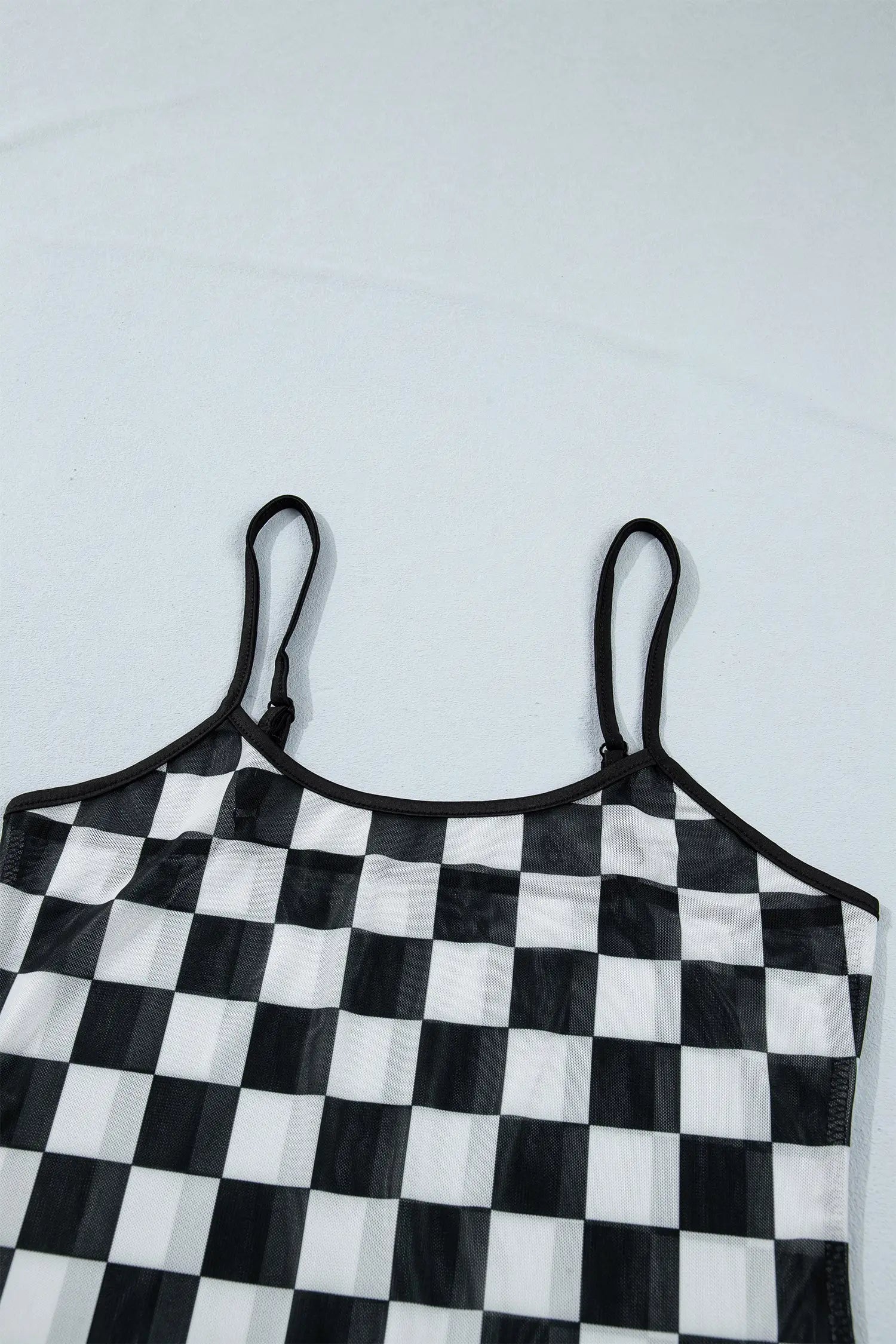 Sheer checkered print spaghetti strap slim crop tank top tops