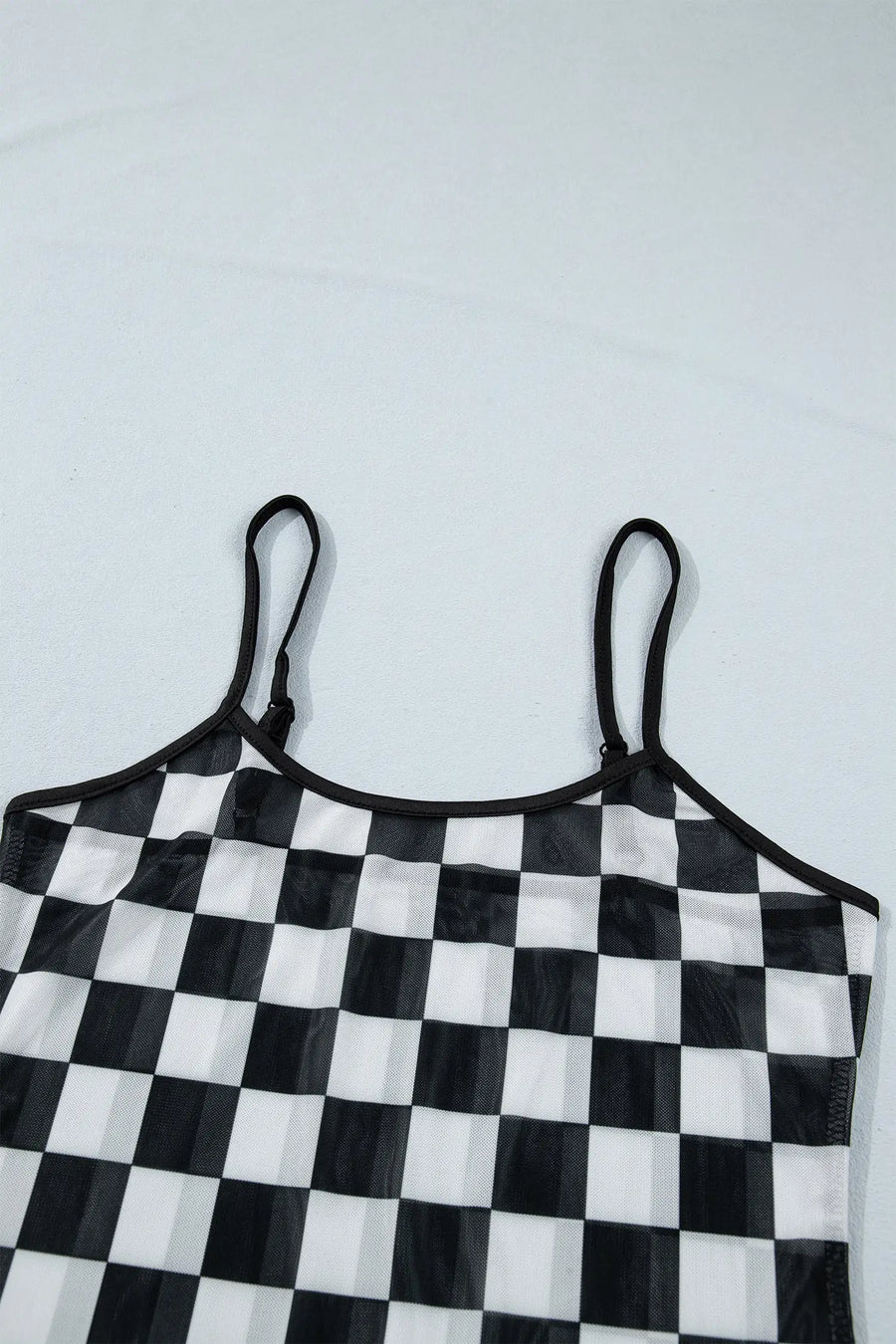 Sheer checkered print spaghetti strap slim crop tank top tops