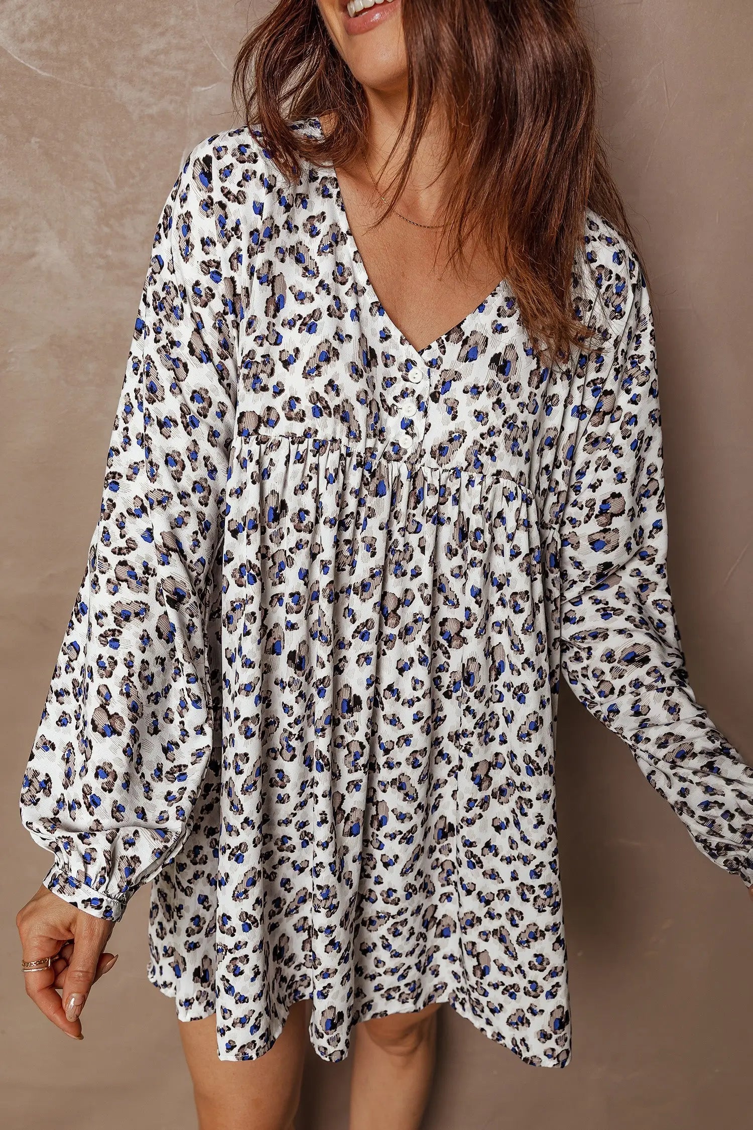 Multicolour leopard print v neck button mini dress