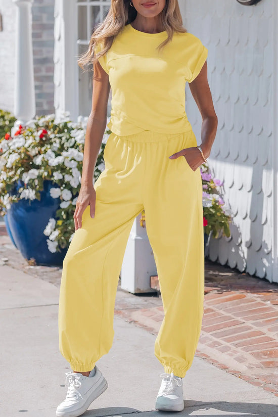 Cropped tank top & jogger pants set cotton high waist two piece outfit sets