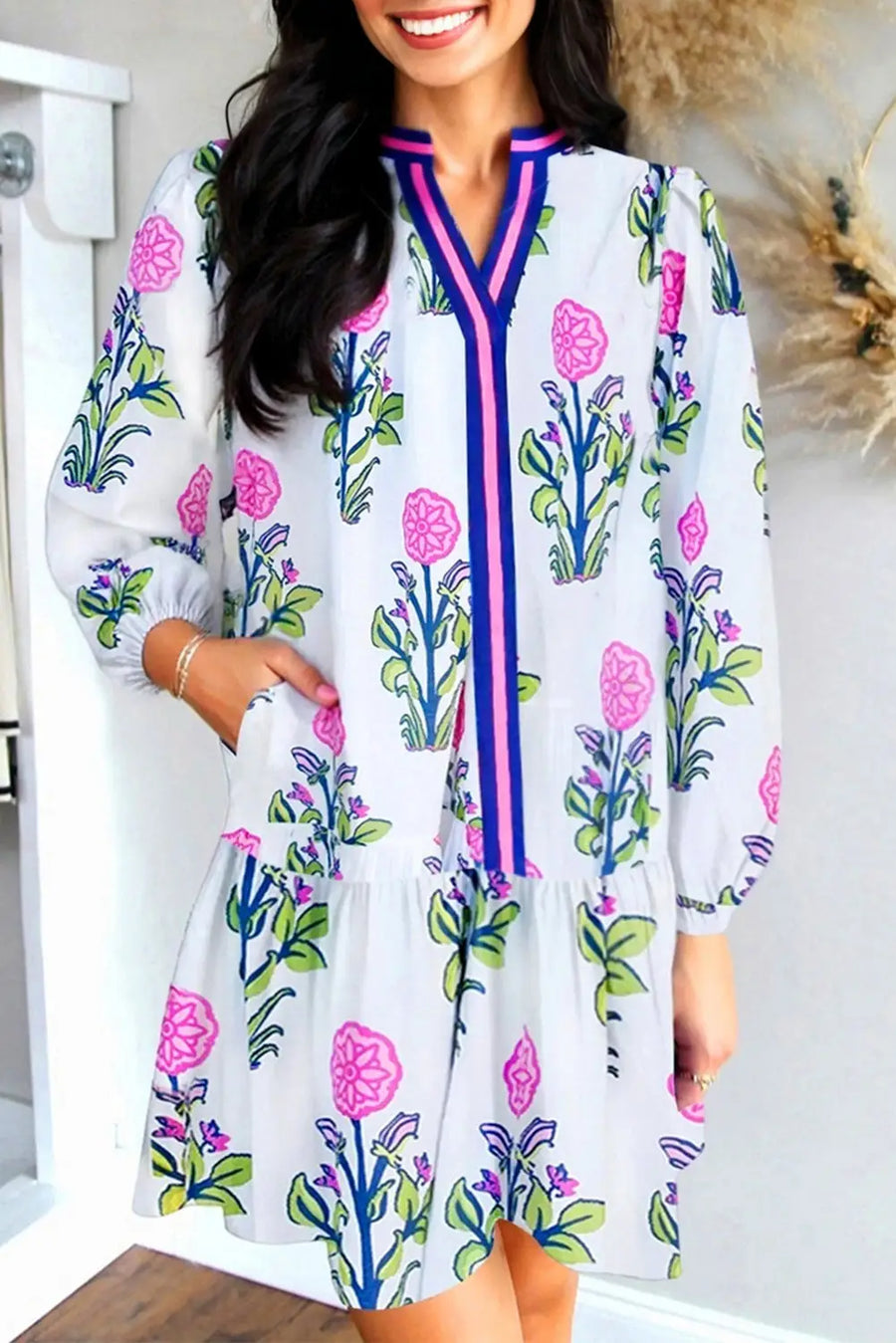 Sky Blue Floral Contrast Striped Notched Neck Dress Women UK — side view