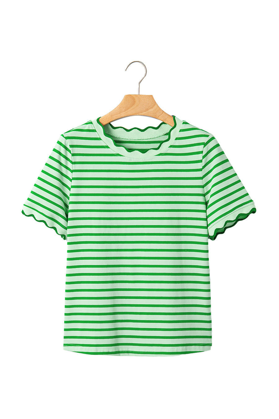Scalloped Trim Stripe Cotton T-Shirt Round Neck Short Sleeve